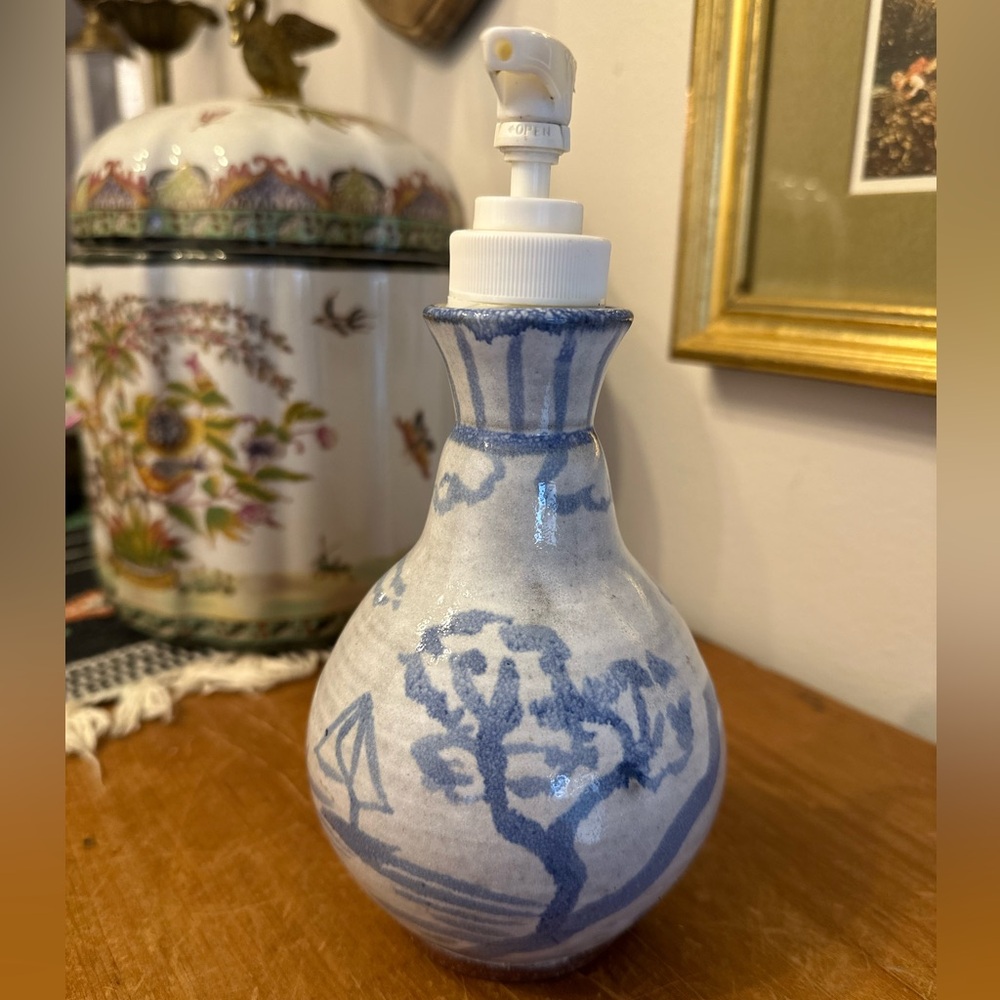 Handmade Studio Pottery Soap Dispenser with Sailboat and Tree Design